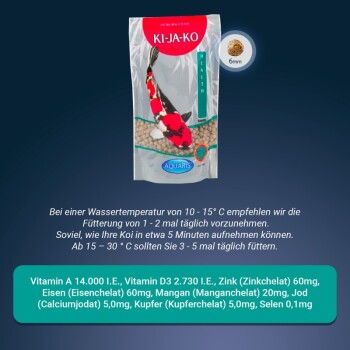Premium Koi-Futterverpackung mit dem Etikett 'KI-JA-KO' und einer roten und weißen Koi-Fischgrafik, mit Fütterungsanweisungen und Nährwertinformationen.