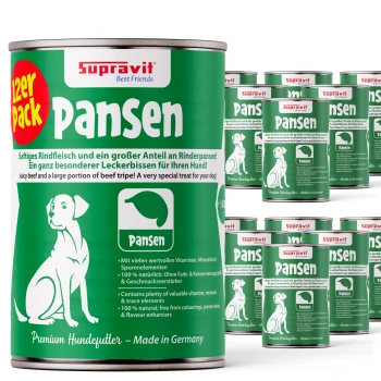 Dosen von Supravit Pansen Hundefutter mit grün-weißen Etiketten, Hundebild und Text in Deutsch und Englisch.