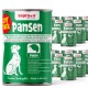 Dosen von Supravit Pansen Hundefutter mit grün-weißen Etiketten, Hundebild und Text in Deutsch und Englisch.