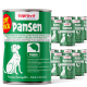 Dosen von Supravit Pansen Hundefutter mit grün-weißen Etiketten, Hundebild und Text in Deutsch und Englisch.