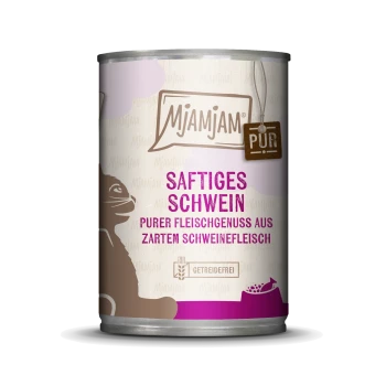 Blik Mjamjam kattenvoer gelabeld "Saftiges Schwein" met puur varkensvlees, graanvrij, met een silhouet van een kat aan de zijkant.