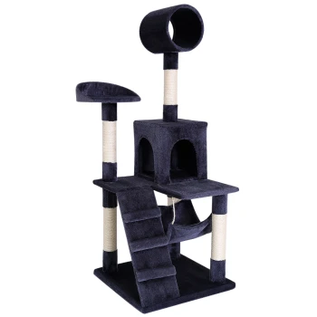 Kratzbaum, Höhe 133 cm dunkelgrau Ein hoher, dunkelgrauer Katzenbaum mit mehreren Ebenen, einer runden Sitzfläche, einem gemütlichen Versteck und mit Sisal umwickelten Kratzpfosten.