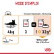 Graphique d'instructions pour les directives d'alimentation de Royal Canin Hair & Skin Care pour un chat de 4 kg, montrant 3 boîtes ou 1 boîte plus 32 g de nourriture sèche, avec une icône d'eau.