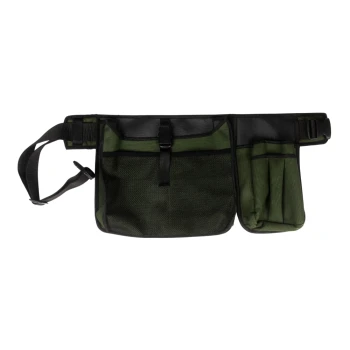 Olivgrüne und schwarze Bauchtasche für Leckerlis mit mehreren Fächern, Netzfach vorne, Schnallenverschluss und verstellbarem Riemen für Hundetraining.