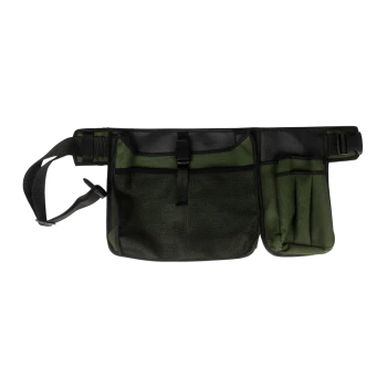 Olivgrüne und schwarze Bauchtasche für Leckerlis mit mehreren Fächern, Netzfach vorne, Schnallenverschluss und verstellbarem Riemen für Hundetraining.
