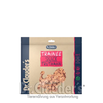 Die Verpackung von Dr. Clauder's Trainee Snack mit gewürfelten Truthahnleckereien, beschriftet mit "100% Truthahn" und "Seit 1957", mit einem Freshlock-Siegel.