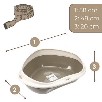 Beige-weiße Kunststoff-Katzentoilette mit Griffen; Beschriftungen zeigen 1: 58 cm, 2: 48 cm, 3: 20 cm und 'GarPet'-Aufkleber.