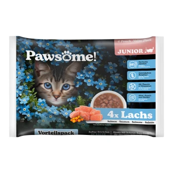 Pawsome! Katzenfutter-Wertpaket mit einem Kätzchen, das von blauen Blumen umgeben ist, mit 4 Beuteln Lachs, 88% tierischen Zutaten und ohne zugesetzten Zucker.
