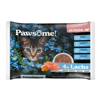 Pawsome! Katzenfutter-Wertpaket mit einem Kätzchen, das von blauen Blumen umgeben ist, mit 4 Beuteln Lachs, 88% tierischen Zutaten und ohne zugesetzten Zucker.
