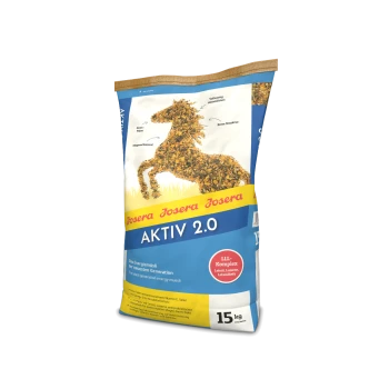 15 kg Sack Josera Aktiv 2.0 Pferdefutter mit Müsli-Design, das "Das Energiemüsli der neuesten Generation" und wichtige Zutaten zeigt.
