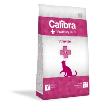 Calibra Veterinary Diets Struvite Katzenfutterbeutel mit einem pinkfarbenen Design, Katzensilhouette und dem Etikett "Klinisch bewiesen".