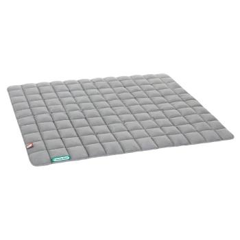 Grau Haustiermatte mit einem gesteppten Design, mit einem roten Etikett und einem grünen "Doctor Bark"-Label in der Ecke.