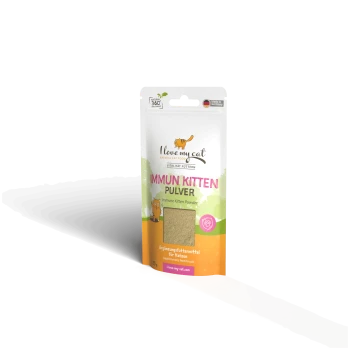 Packung mit "Ich liebe meine Katze" Immune Kitten Pulver, mit einer verspielten Katzengrafik und deutschem Text, der "Ergänzungsfuttermittel für Katzen" besagt.