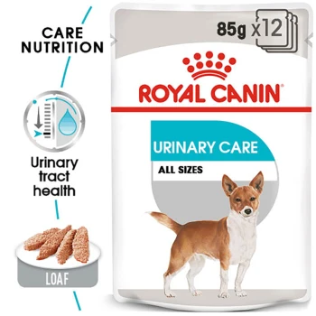 Royal Canin Urinary Care dog food, 85g x 12, featuring a small dog illustration, promoting urinary tract health with a loaf texture.