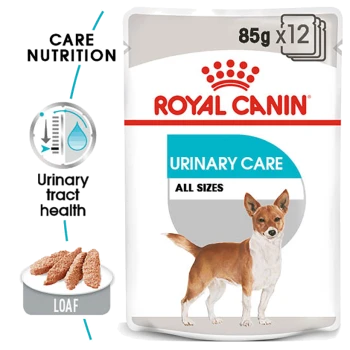 Royal Canin Urinary Care dog food, 85g x 12, featuring a small dog illustration, promoting urinary tract health with a loaf texture.