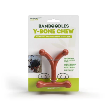 Bamboodles Y-Bone Chew in bacon flavor, small size, made of bamboo and nylon, featuring a durable design and easy grip.