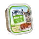 Happy Cat Minkas Duo Katzenfutterverpackung mit einer verspielten getigerten Katze, die sich die Lippen leckt, mit einer Schüssel Pâté und Fleischstücken.