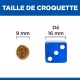 Image comparant la taille d'une croquette pour animaux de compagnie (9 mm) à un dé bleu (16 mm), avec le texte "TAILLE DE CROQUETTE" au-dessus.