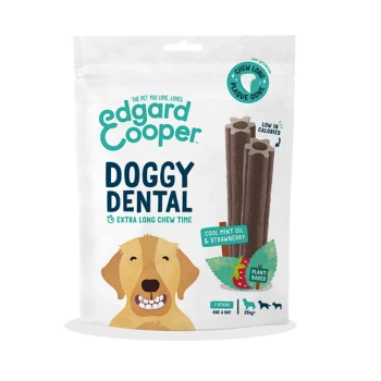 Edgard Cooper Doggy Dental treats package with a smiling dog, featuring "Extra Long Chew Time," "Cool Mint Oil & Strawberry," and "Plant-Based."