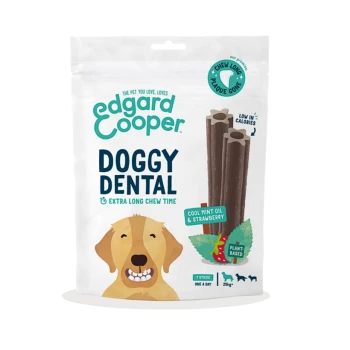 Edgard Cooper Doggy Dental treats package with a smiling dog, featuring "Extra Long Chew Time," "Cool Mint Oil & Strawberry," and "Plant-Based."