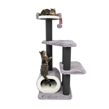 Zwei getigerte Katzen spielen auf einem mehrstöckigen grauen Kratzbaum mit einem gemütlichen Versteck, Kratzpfosten und einem baumelnden Spielzeug.