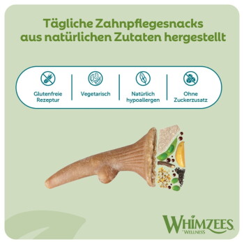 Brauner, zahnbürstenförmiger Whimzees-Hundekaustick mit Zutaten-Querschnitt; deutsche Überschrift „Tägliche Zahnpflegesnacks“.