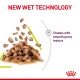 Image of pet food showcasing "New Wet Technology" with chunks of meat in smooth gravy texture.