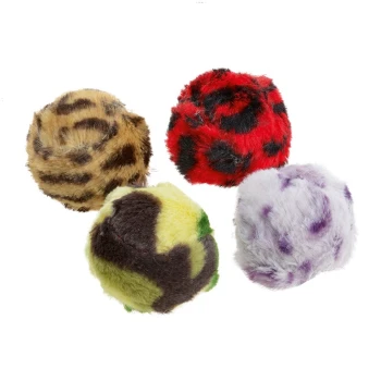Four colorful plush pet balls in various patterns: a leopard print, a red with black spots, a green and brown camo, and a purple spotted ball.