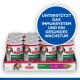 Dosen von Hill's Science Plan Welpenfutter mit Rindfleisch, in einer Box präsentiert, mit Text über die Unterstützung des Immunsystems und gesundem Wachstum.