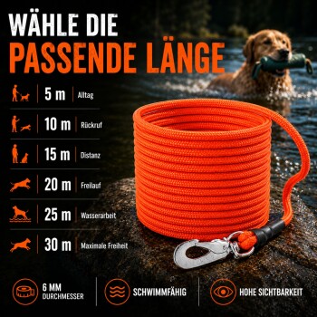 Leuchtend orange aufgerollte 6 mm Longline mit Metallclip auf einem Felsen, Hund apportiert im Wasser; Text 'WÄHLE DIE PASSENDE LÄNGE' und Längen 5–30 m.