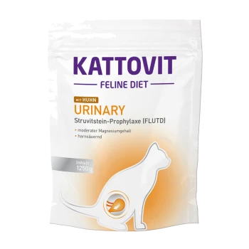 Kattovit Feline Diet Urinary Katzenfutterverpackung mit einer Silhouette einer weißen Katze, die den Hühnergeschmack und die Unterstützung der Harnwegsgesundheit hervorhebt.