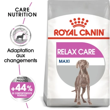 Sac de nourriture pour chiens Royal Canin Relax Care Maxi avec une silhouette de chien et le texte : "Adaptation aux changements" et "+44 % de comportements normaux."