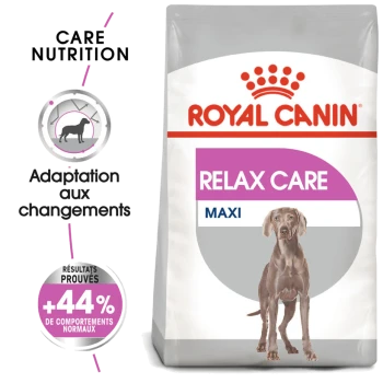 Sac de nourriture pour chiens Royal Canin Relax Care Maxi avec une silhouette de chien et le texte : "Adaptation aux changements" et "+44 % de comportements normaux."
