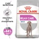 Sac de nourriture pour chiens Royal Canin Relax Care Maxi avec une silhouette de chien et le texte : "Adaptation aux changements" et "+44 % de comportements normaux."