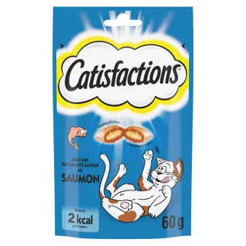 Emballage de friandises pour chats de la marque "Catifications", saveur saumon, avec une illustration de chat joueur et un texte indiquant "2 kcal par friandise."