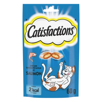 Verpakking van kattensnacks met het merk 'Catifications', zalm smaak, met een speelse kattenillustratie en tekst die aangeeft '2 kcal per traktatie.'