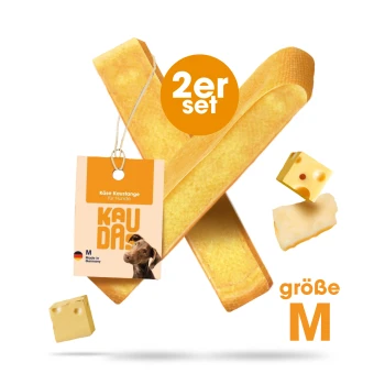 Zwei Käsekaustangen für Hunde, beschriftet mit "Käse Kaustange für Hunde", Größe M, mit einem Etikett, das "2er Set" und "Made in Germany" anzeigt.