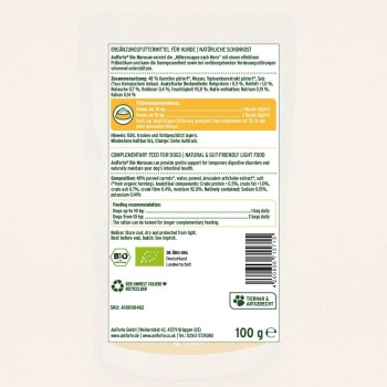 Rückseite eines AniForte Ergänzungsfutterbeutels für Hunde mit Zutaten, Fütterungshinweis, "COMPLEMENTARY FEED FOR DOGS" und "100 g".