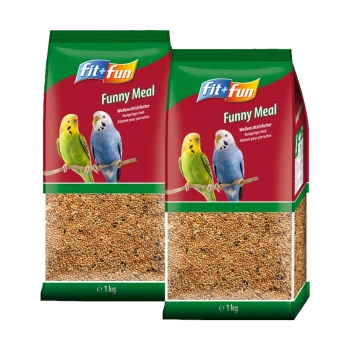 Deux sacs de nourriture pour perruches 'Fit+Fun Funny Meal', présentant des perruches colorées sur le devant, chaque sac pesant 1 kg.