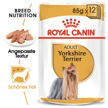 Royal Canin Adult Yorkshire Terrier Hundefutterbeutel, mit einem Yorkshire Terrier mit rotem Schleifchen, der die Rassenernährung und Textur hervorhebt.