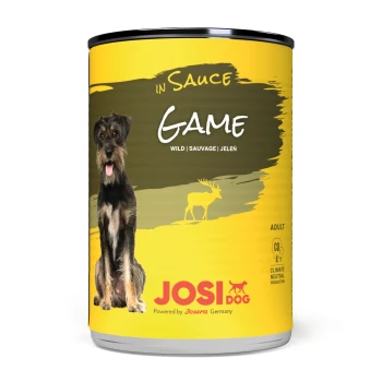 Eine Dose JOSI DOG Game Hundefutter in Sauce, mit einem schwarzen und braunen Hund auf dem Etikett, mit dem Hinweis auf "GAME" und "ADULT."
