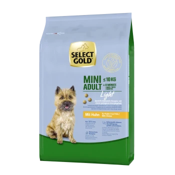 Select Gold Mini Adult Hundefutterbeutel, mit einem kleinen Hund auf der Vorderseite, beschriftet "Light" mit Huhn, geeignet für Hunde unter 10 kg.