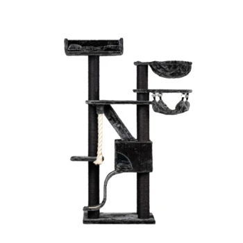 Schwarzer mehrstöckiger Katzenbaum mit Kratzpfosten, einer Hängematte und hängenden Spielzeugen. Ideal zum Klettern und Spielen.