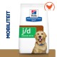 Hill's Prescription Diet j/d verminderd calorieën hondenvoer zak, met een golden retriever en het woord 'MOBILITEIT' in vetgedrukte blauwe tekst.
