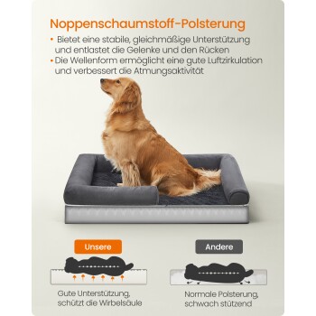 Golden Retriever auf einem grauen orthopädischen Hundebett mit erhöhtem Rand, deutscher Text 'Noppenschaumstoff-Polsterung' und Vergleichssymbolen.