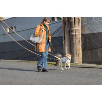 Eine Frau in einem braunen Ledermantel führt einen kleinen weißen Hund mit braunen Flecken an der Leine, in der Nähe eines Schiffs und hölzerner Pfosten.