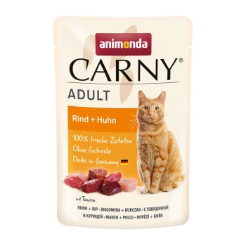 Pochette de nourriture pour chat avec un chat tigré, étiquetée "animonda CARNY ADULT Rind + Huhn," indiquant "100% frische Zutaten, Ohne Getreide."