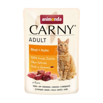 Katzenfutterbeutel mit einer getigerten Katze, beschriftet "animonda CARNY ADULT Rind + Huhn," mit der Angabe "100% frische Zutaten, ohne Getreide."