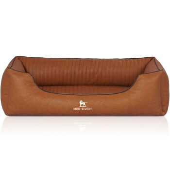 Ein stilvolles braunes Hundebett mit einem gesteppten Innenraum und einem Logo, das 'KNUFFELWUFF' liest, entworfen für den Komfort von Haustieren.