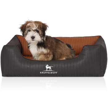 Orthopädisches Hundebett Rough Road aus laser-gestepptem marmoriertem Kunstleder rot/ schwarz M-L